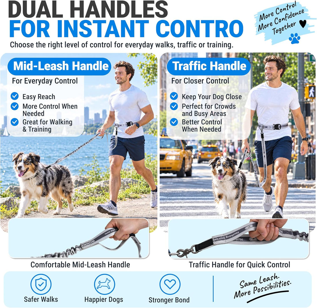 Hands Free Dog Leash,Waist Belt, Shock Absorbing Bungee, Dual Handles