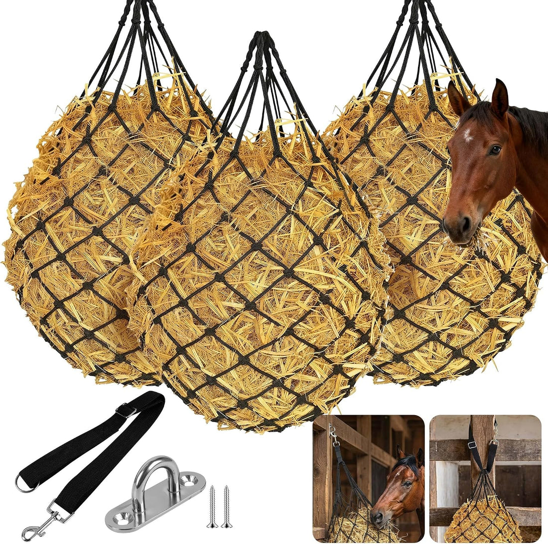 3 Pcs 47" Hay Nets for Horses with Straps & Hooks