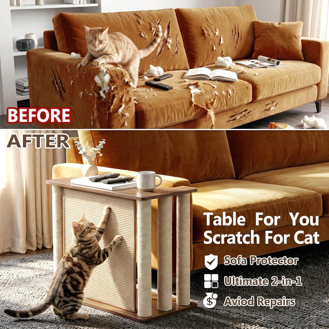Couch Corner Cat Scratcher Side Table, Couch Protector from Cat Claws